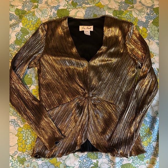 VINTAGE; Metallic gold micro pleat La Nuit  blouse Size M - Picture 1 of 8